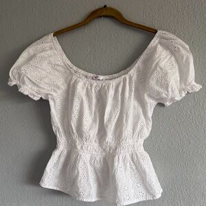 Candie’s White Eyelet Cotton Peplum Top Puff Sleeve Off Shoulder Cottagecore S